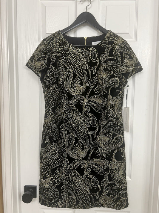 NWT Womens Calvin Klein Short Sleeve Velvet Embroidered Dress Black Gold 8