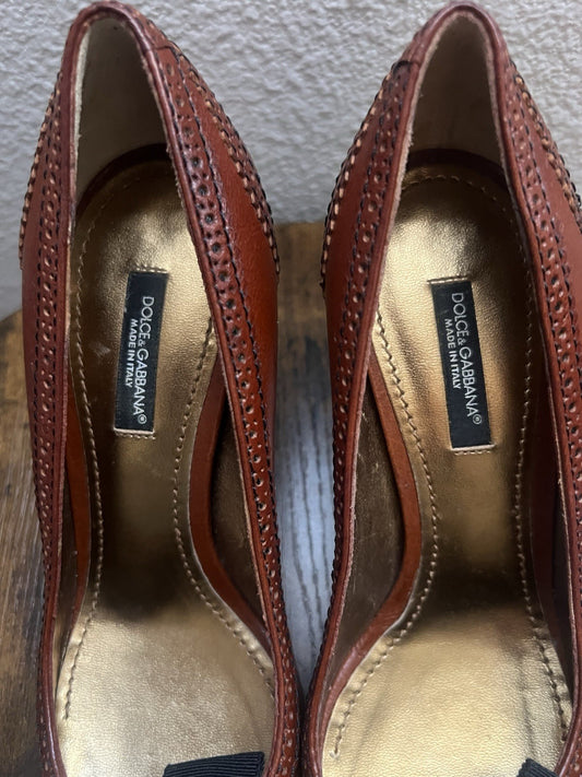 Dolce & Gabbana Brown Leather Pumps Heels Black Bow